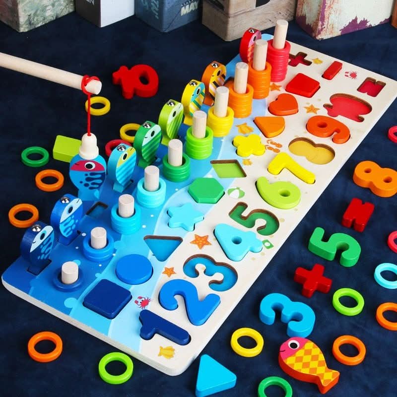 Tableau d'apprentissage Montessori en bois – Jeu éducatif pour découvrir les chiffres, les formes et les couleurs