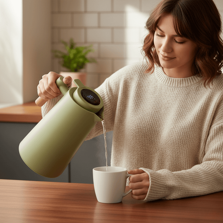 Thermos à double paroi avec affichage de température et poignée en bois