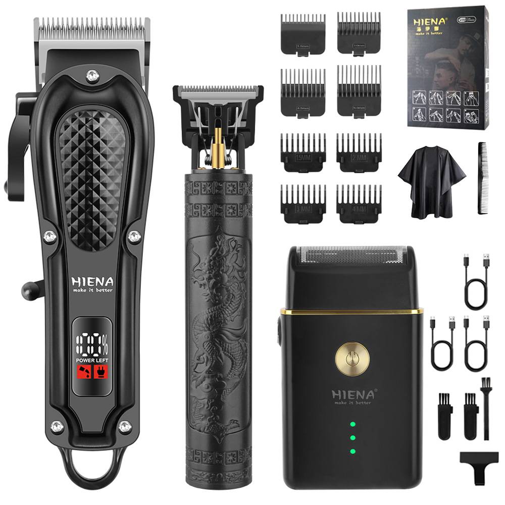 Set de toilettage professionnel pour cheveux et barbe pour hommes en 3 pièces, tondeuses sans fil avec écran LED, rechargeable par USB