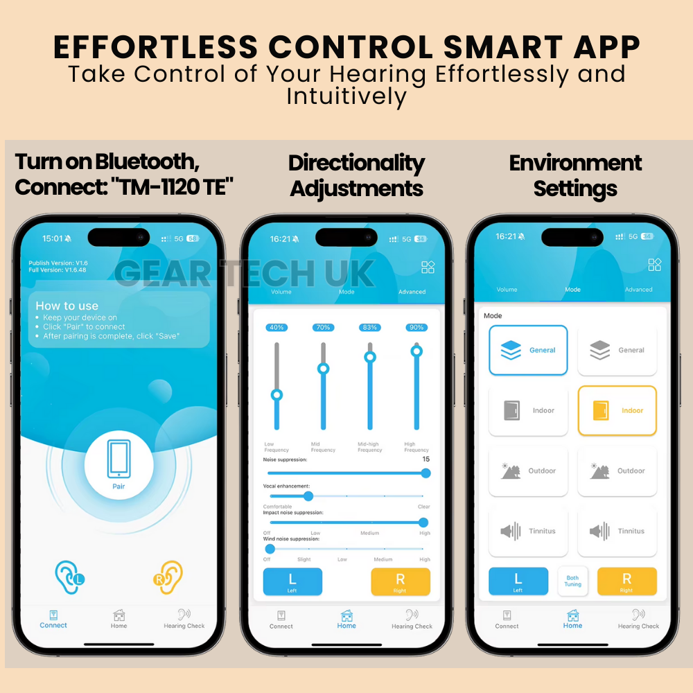 Appareils auditifs contrôlés par application Bluetooth - Pas de prescription requise