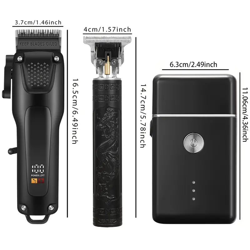 Set de toilettage professionnel pour cheveux et barbe pour hommes en 3 pièces, tondeuses sans fil avec écran LED, rechargeable par USB