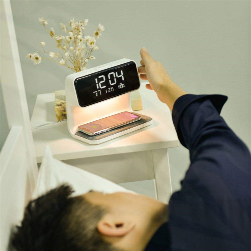 Lampe de chevet 3-en-1 avec chargement sans fil – Réveil LCD & Lampe de table LED dimmable tactile