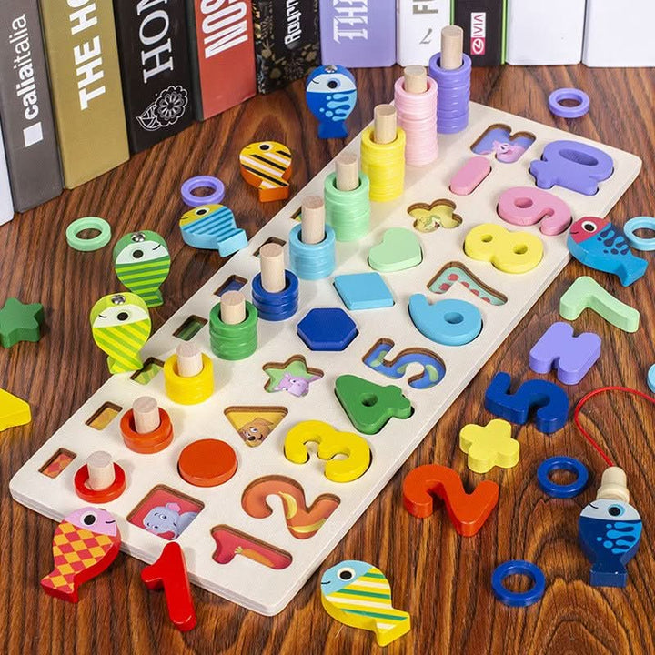Tableau d'apprentissage Montessori en bois – Jeu éducatif pour découvrir les chiffres, les formes et les couleurs