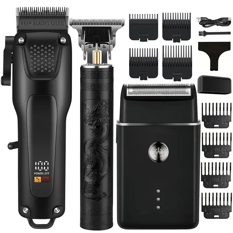 Set de toilettage professionnel pour cheveux et barbe pour hommes en 3 pièces, tondeuses sans fil avec écran LED, rechargeable par USB