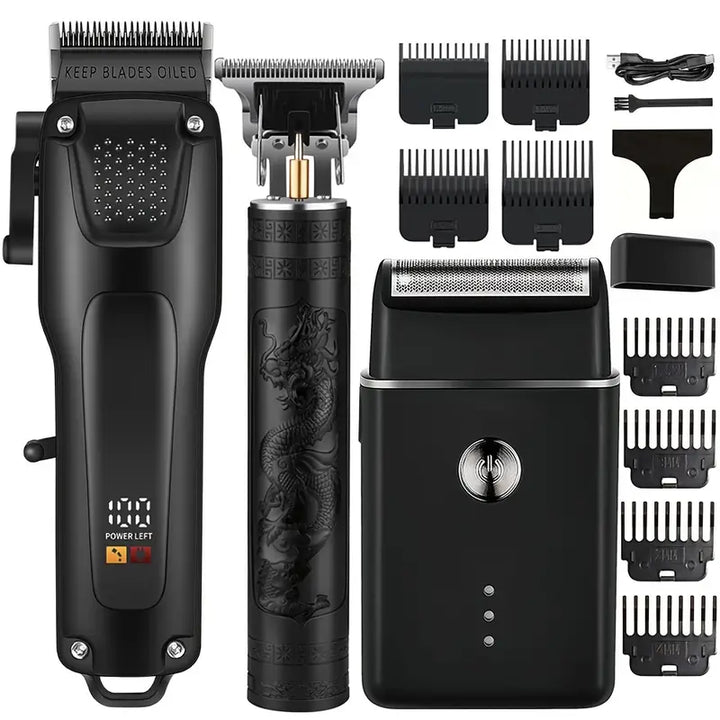 Set de toilettage professionnel pour cheveux et barbe pour hommes en 3 pièces, tondeuses sans fil avec écran LED, rechargeable par USB