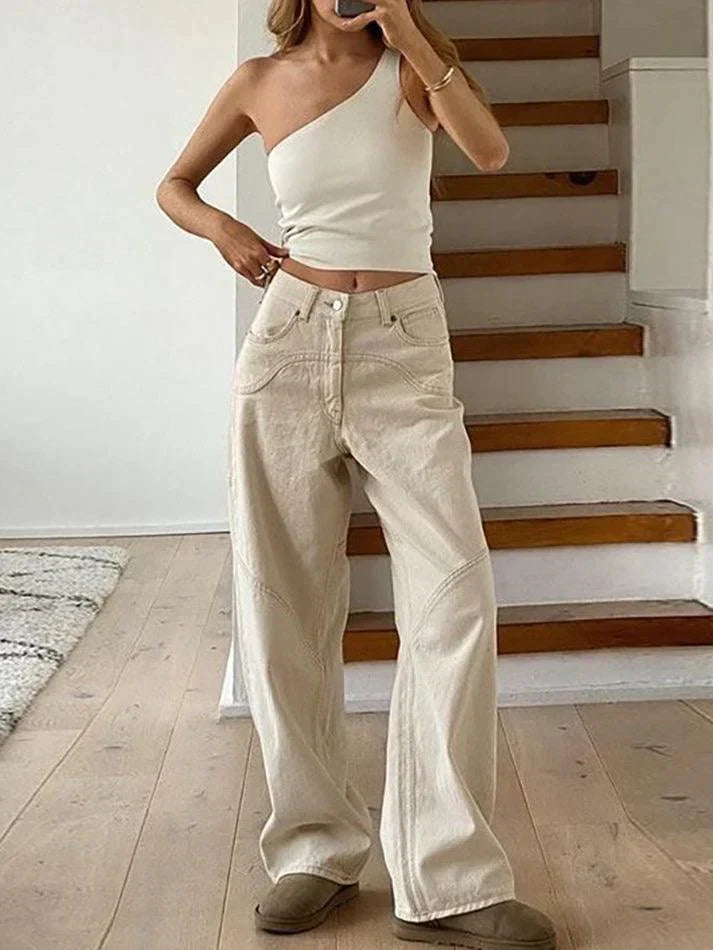 Jeans Baggy Boyfriend Vintage Blanc à Jambe Droite avec Détail Splice