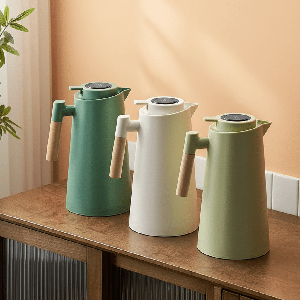 Thermos à double paroi avec affichage de température et poignée en bois