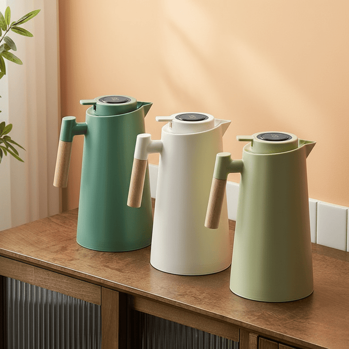 Thermos à double paroi avec affichage de température et poignée en bois
