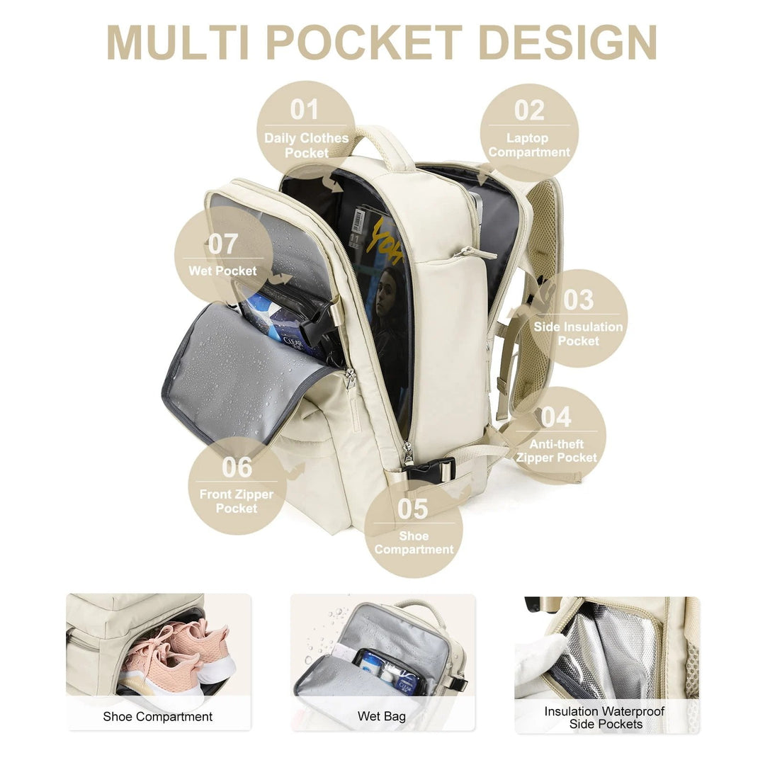 Sac à dos de voyage pour femmes 35L | Imperméable avec port USB | Design anti-vol & compartiment à chaussures | Idéal pour la randonnée, l'utilisation quotidienne & les voyages