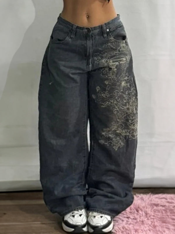 Jeans Boyfriend Américains Retro Noirs à Jambes Larges pour Femmes