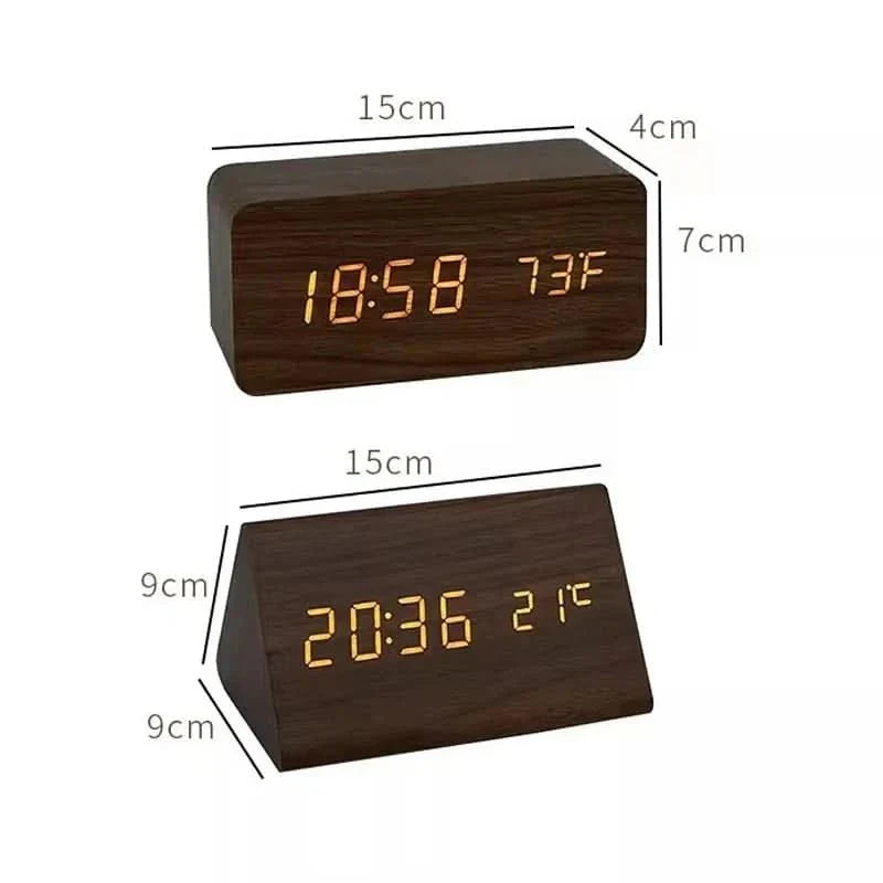 Réveil LED au look bois avec trois alarmes, affichage de la température et luminosité réglable