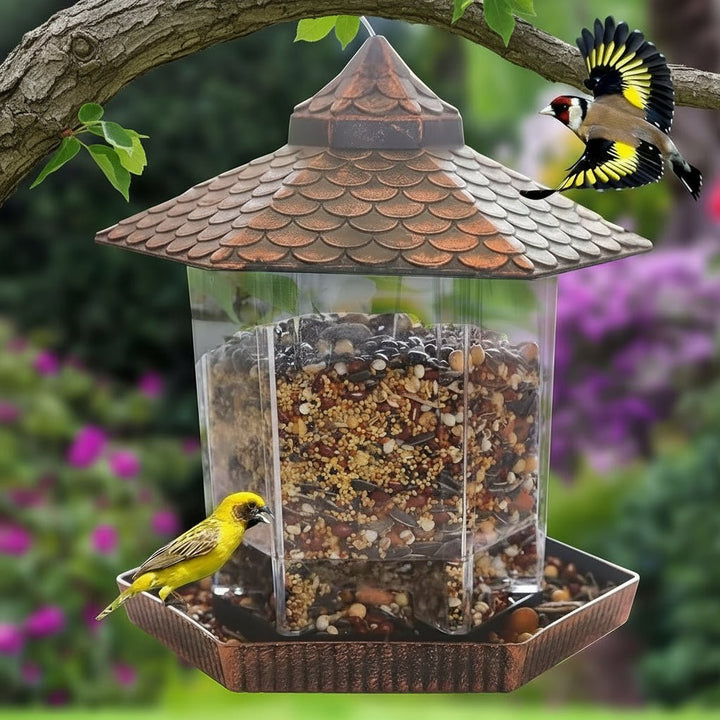 Distributeur de nourriture pour oiseaux au look cuivre élégant pour décoration suspendue résistant aux intempéries
