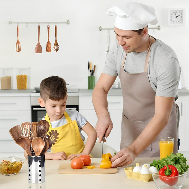 Ensemble d'ustensiles de cuisine en teck naturel de 11 pièces avec support