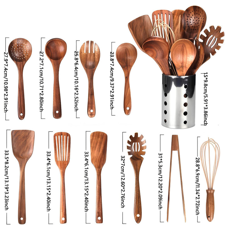Ensemble d'ustensiles de cuisine en teck naturel de 11 pièces avec support