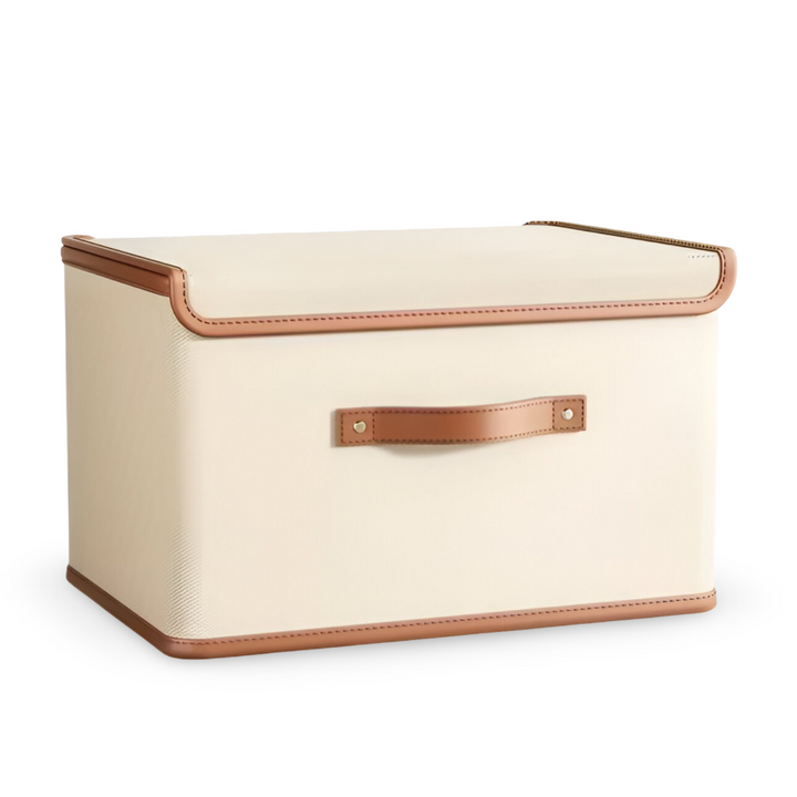 Boîte de rangement pliable avec couvercle et poignées en cuir