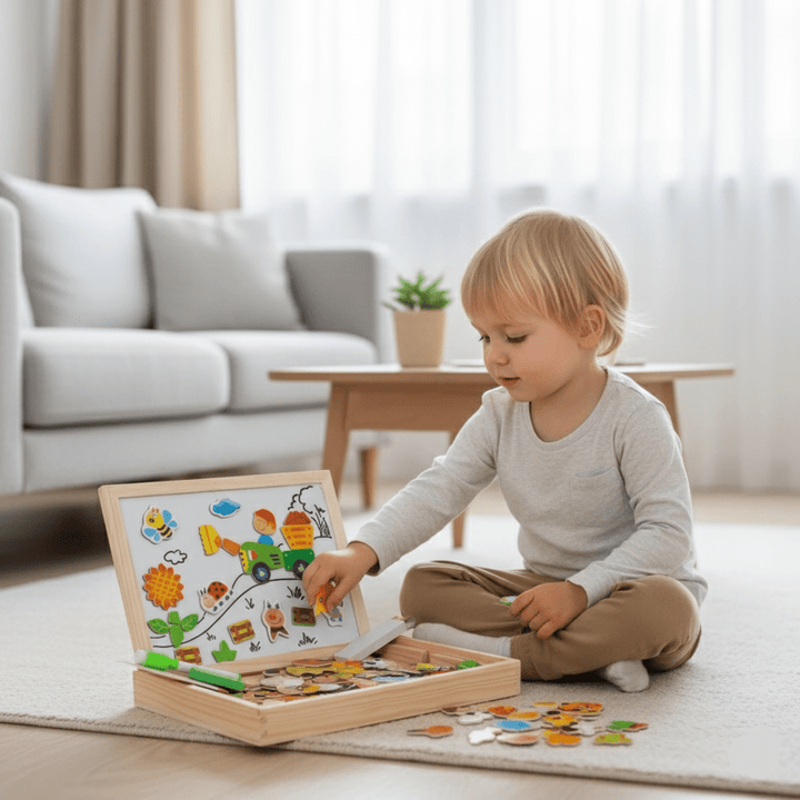 Tableau de Dessin 2-en-1 Montessori avec Surface Magnétique & Tableau Noir pour Enfants