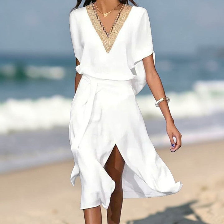 Women's V-Neck White Summer Dress | Midi
