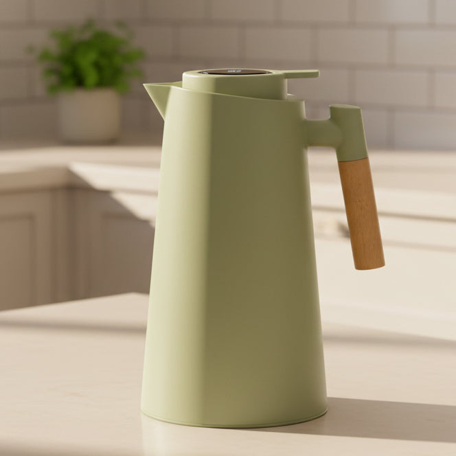 Thermos à double paroi avec affichage de température et poignée en bois