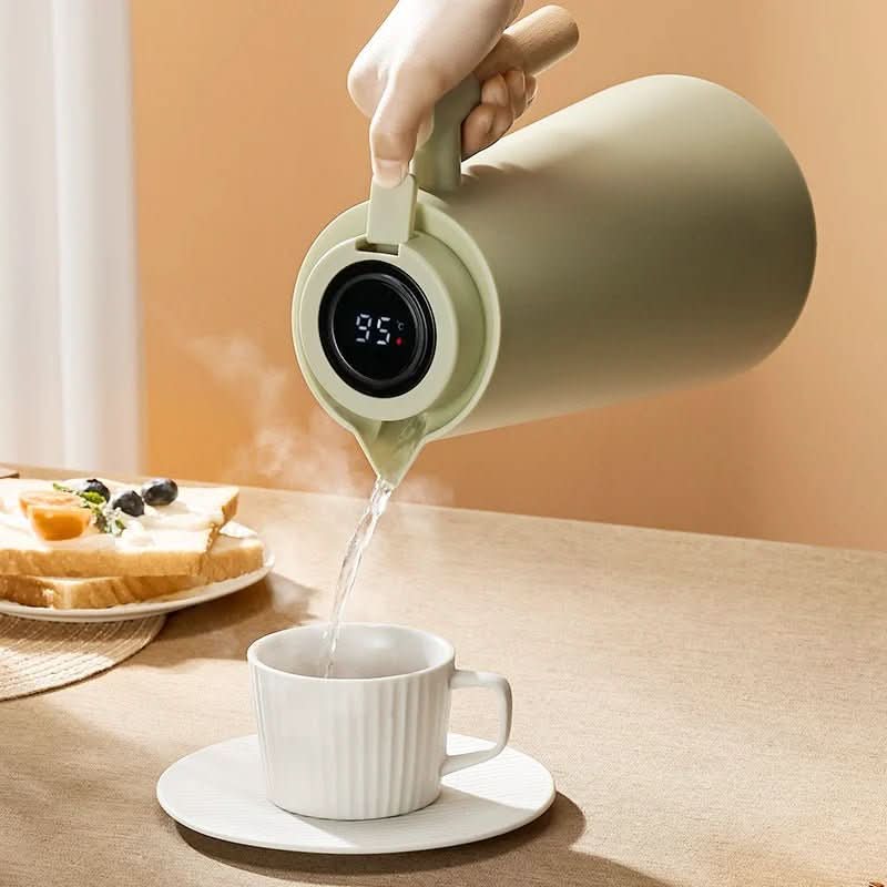 Thermos à double paroi avec affichage de température et poignée en bois