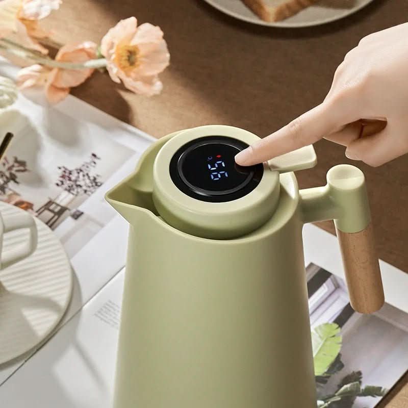 Thermos à double paroi avec affichage de température et poignée en bois