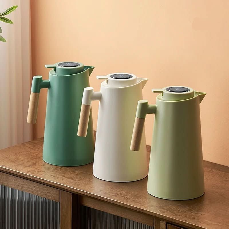 Thermos à double paroi avec affichage de température et poignée en bois