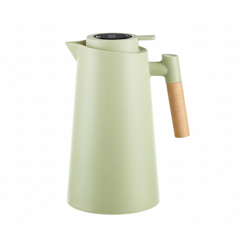 Thermos à double paroi avec affichage de température et poignée en bois