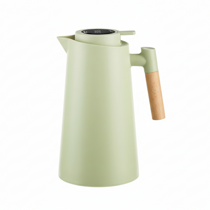 Thermos à double paroi avec affichage de température et poignée en bois