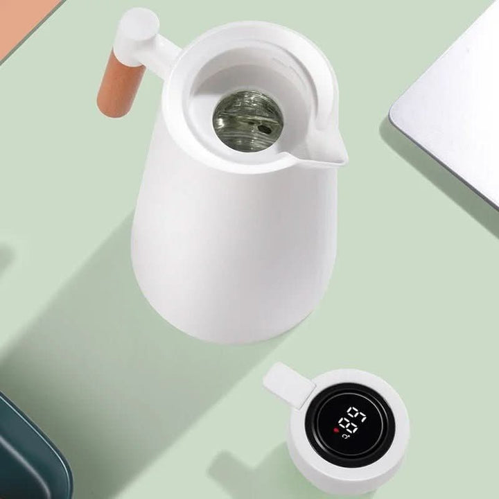 Thermos à double paroi avec affichage de température et poignée en bois