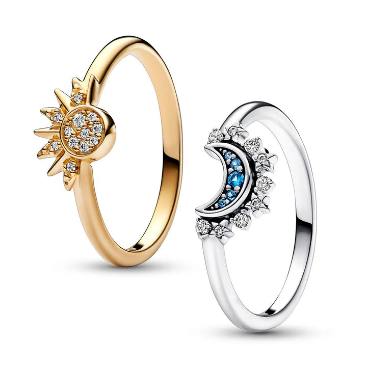 Bague en Cristal Argenté Scintillant avec Design Lune et Soleil
