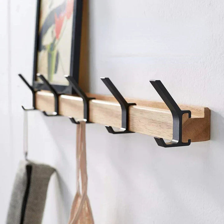 Porte-manteau mural avec crochets doubles réglables | Design scandinave | Bois & Aluminium | Gain de place & Moderne