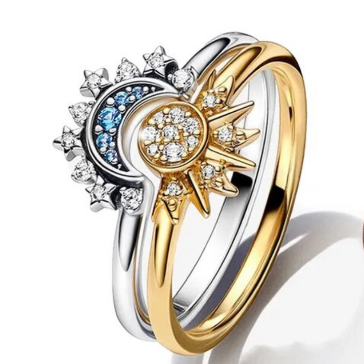Bague en Cristal Argenté Scintillant avec Design Lune et Soleil