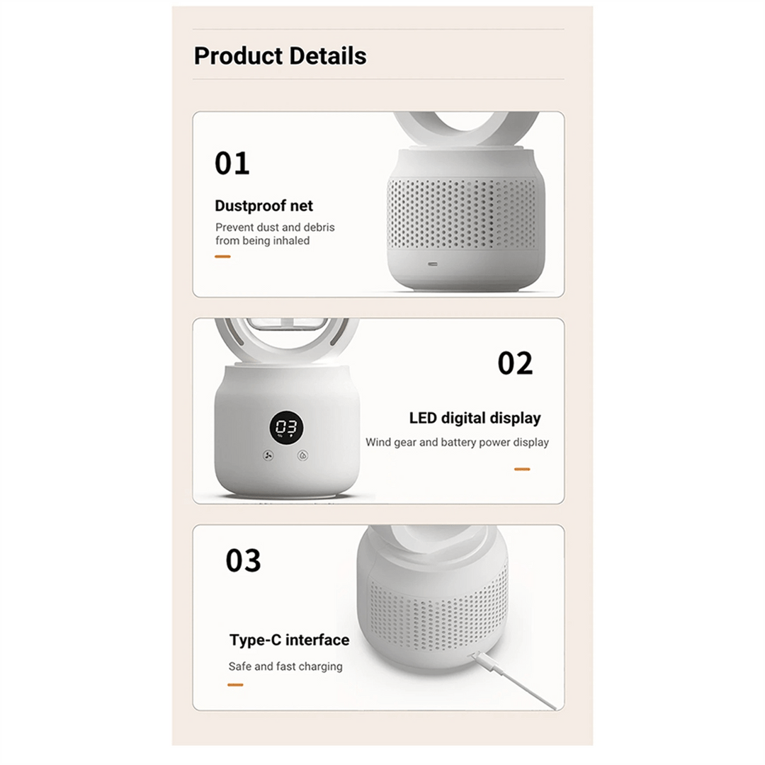 Ventilateur portable sans pales avec humidificateur et veilleuse pour un confort rafraîchissant