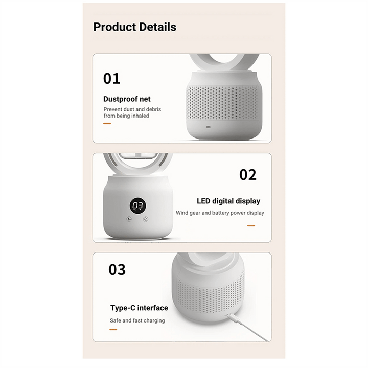 Ventilateur portable sans pales avec humidificateur et veilleuse pour un confort rafraîchissant