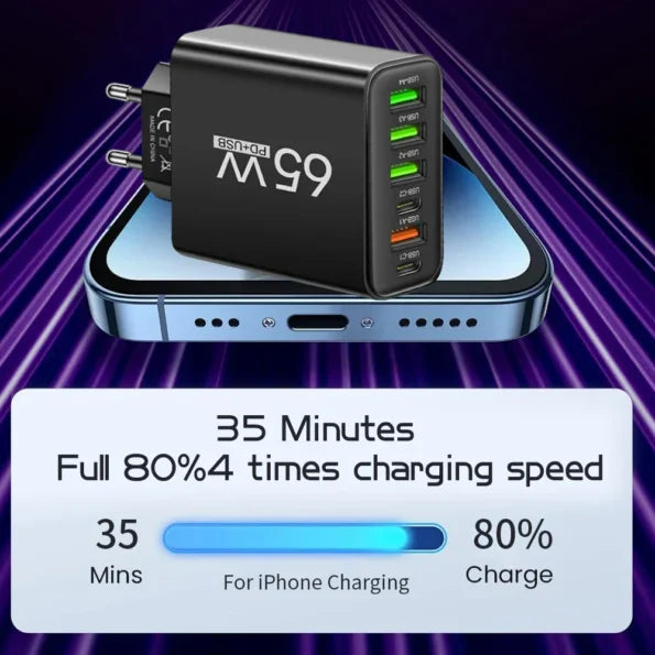 Chargeur Rapide 65W 6-en-1 – Chargez Jusqu'à 6 Appareils en Même Temps – Parfait pour la Maison, le Bureau et les Voyages