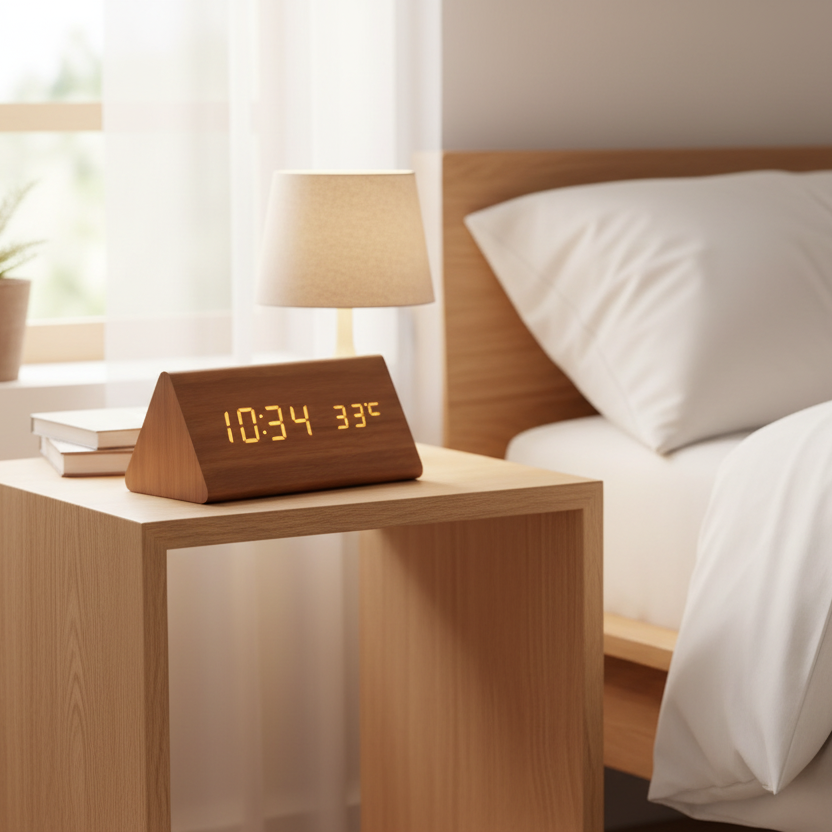 Horloge en Bois LED avec Contrôle Vocal pour un Affichage du Temps Élégant