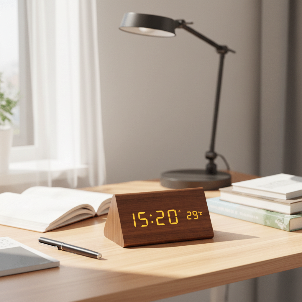 Horloge en Bois LED avec Contrôle Vocal pour un Affichage du Temps Élégant