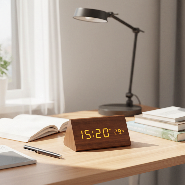 Horloge en Bois LED avec Contrôle Vocal pour un Affichage du Temps Élégant