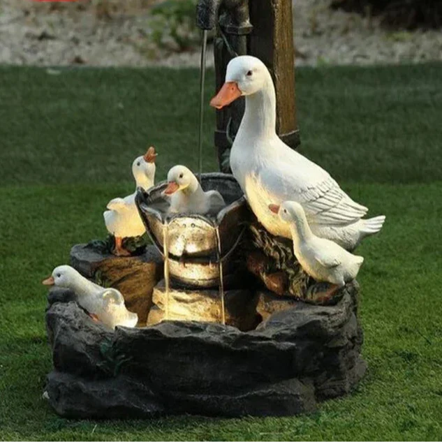 Fontaine Décorative Solaire avec Canard et Écureuil | Figure de Jardin avec Lumière LED | Résine Résistante aux Intempéries | Idéale pour Patio et Balcon