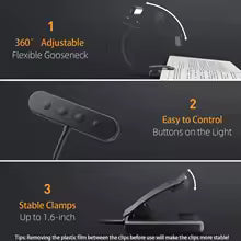 Lampe de lecture rechargeable USB flexible | 3 couleurs de lumière et dimmable | Design à clip avec bras ajustable