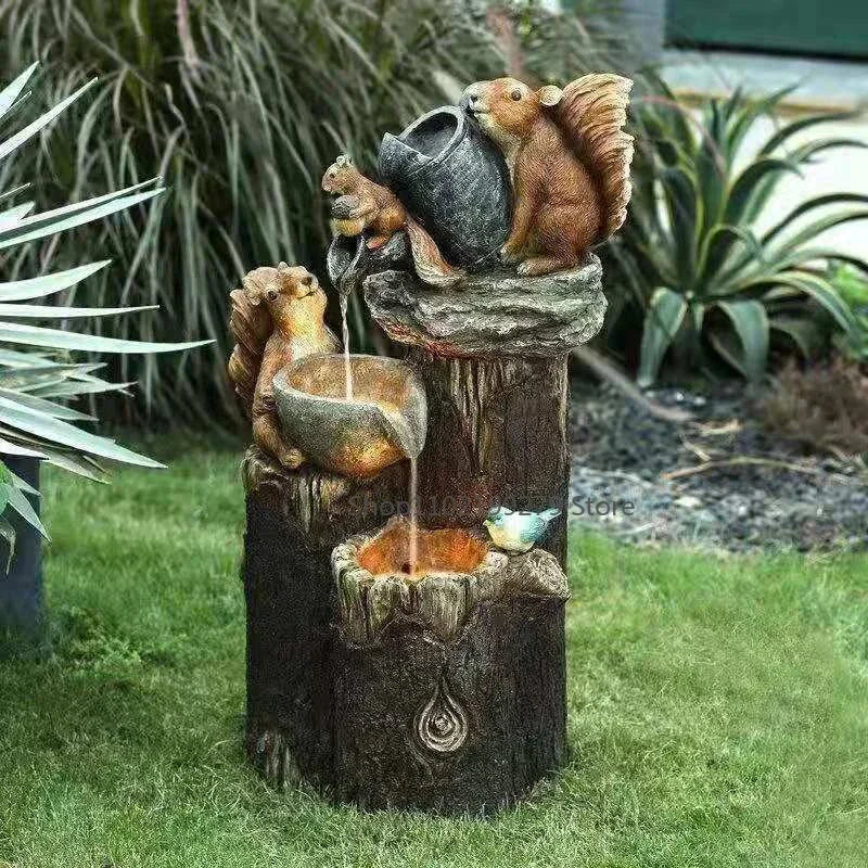Fontaine Décorative Solaire avec Canard et Écureuil | Figure de Jardin avec Lumière LED | Résine Résistante aux Intempéries | Idéale pour Patio et Balcon