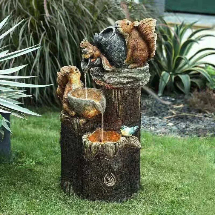Fontaine Décorative Solaire avec Canard et Écureuil | Figure de Jardin avec Lumière LED | Résine Résistante aux Intempéries | Idéale pour Patio et Balcon