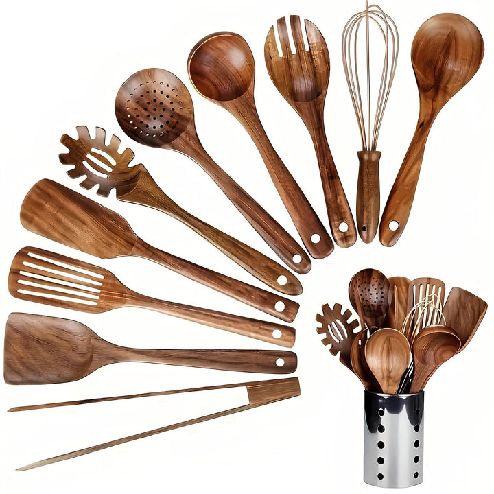 Ensemble d'ustensiles de cuisine en teck naturel de 11 pièces avec support