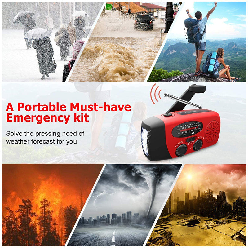 Radio d'urgence autonome – Manivelle, solaire, lampe de poche et batterie externe – Radio FM/AM, essentielle pour les catastrophes et les urgences