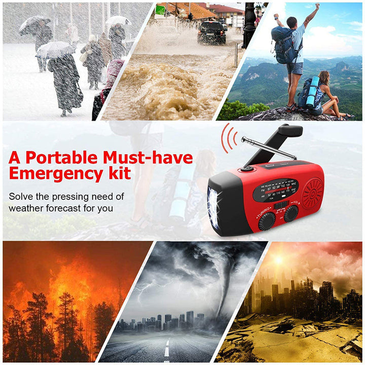 Radio d'urgence autonome – Manivelle, solaire, lampe de poche et batterie externe – Radio FM/AM, essentielle pour les catastrophes et les urgences
