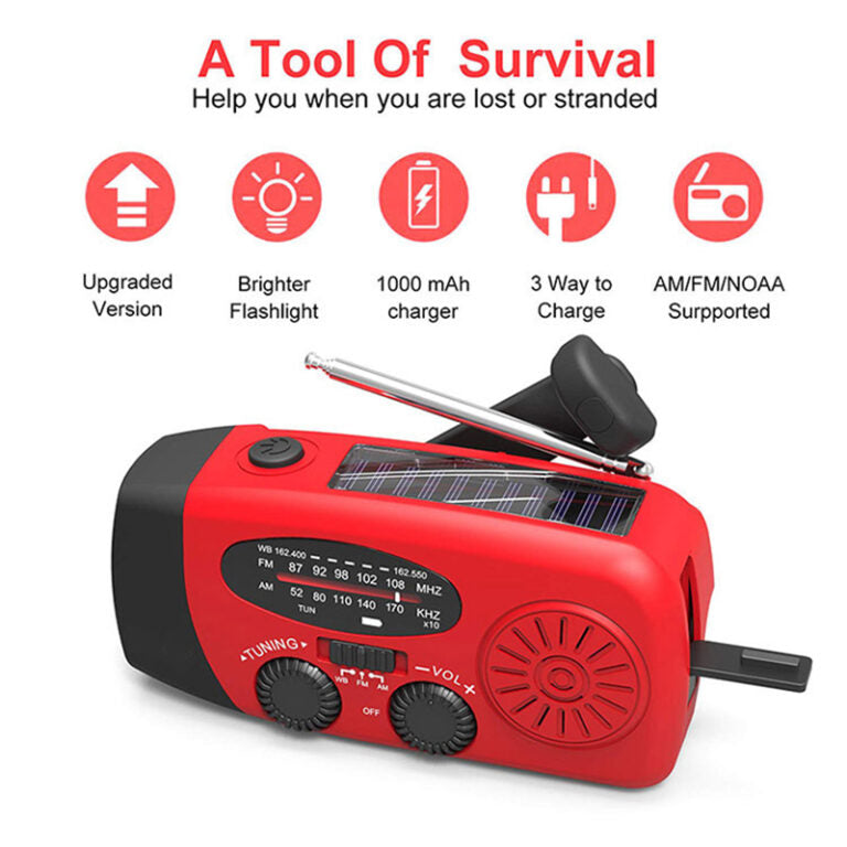 Radio d'urgence autonome – Manivelle, solaire, lampe de poche et batterie externe – Radio FM/AM, essentielle pour les catastrophes et les urgences