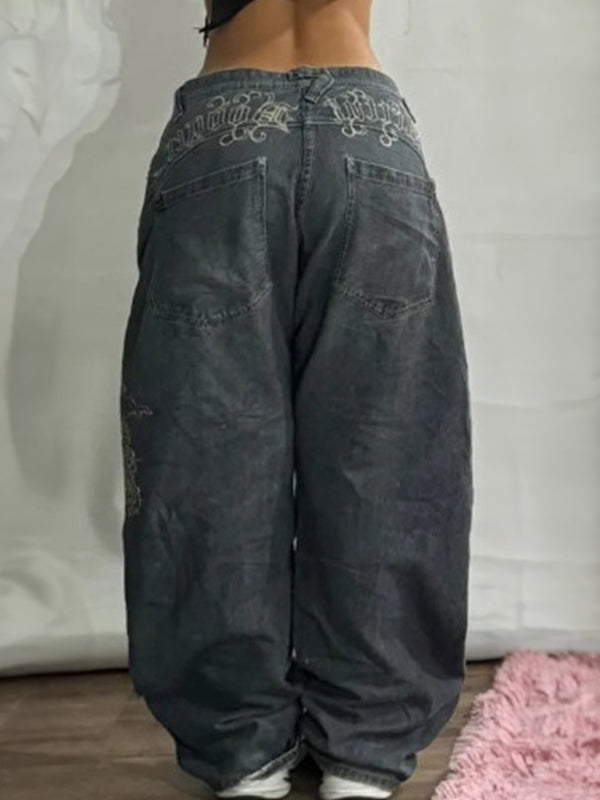 Jeans Boyfriend Américains Retro Noirs à Jambes Larges pour Femmes