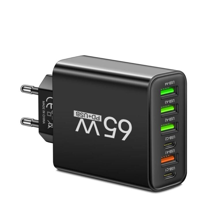 Chargeur Rapide 65W 6-en-1 – Chargez Jusqu'à 6 Appareils en Même Temps – Parfait pour la Maison, le Bureau et les Voyages