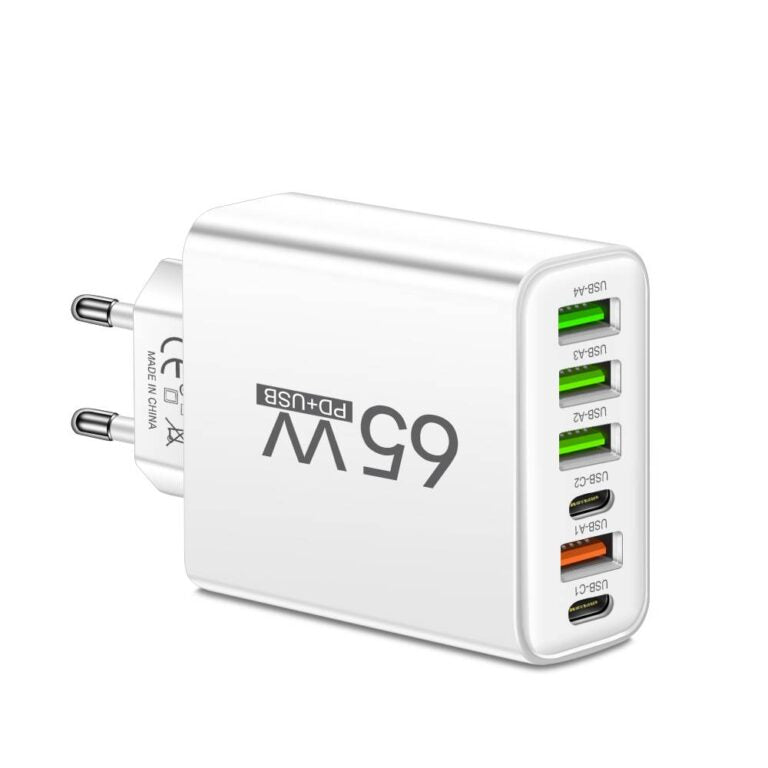 Chargeur Rapide 65W 6-en-1 – Chargez Jusqu'à 6 Appareils en Même Temps – Parfait pour la Maison, le Bureau et les Voyages