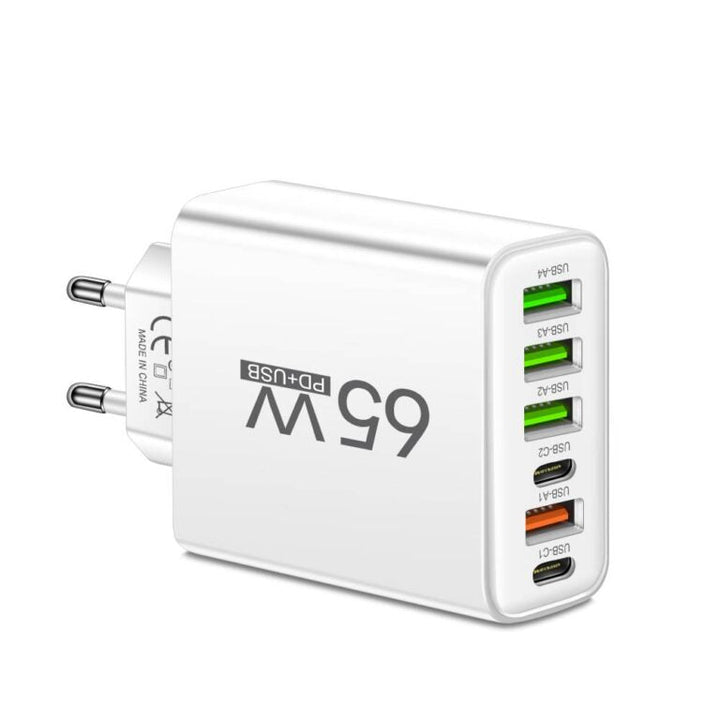Chargeur Rapide 65W 6-en-1 – Chargez Jusqu'à 6 Appareils en Même Temps – Parfait pour la Maison, le Bureau et les Voyages