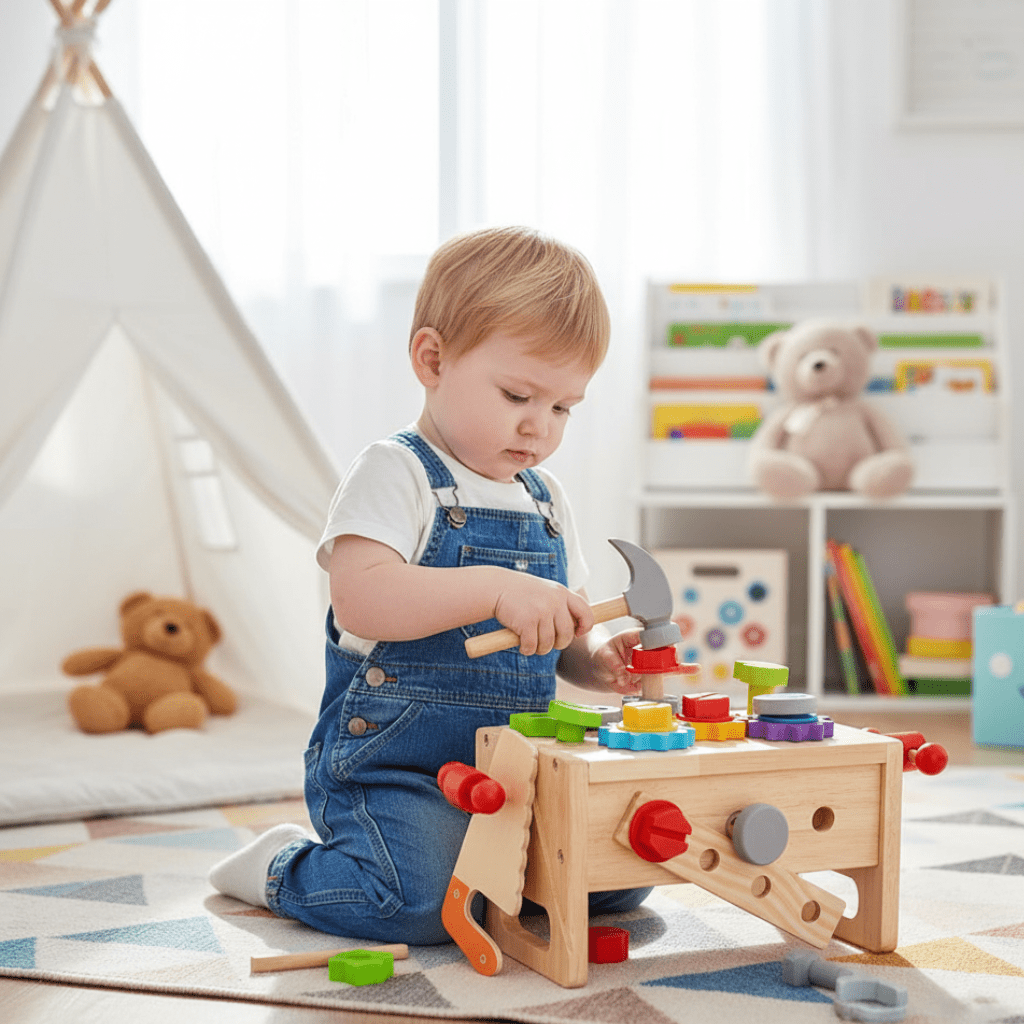 Boîte à Outils en Bois pour Enfants – Jeu Créatif pour Développer les Compétences Motrices dès 6 Mois